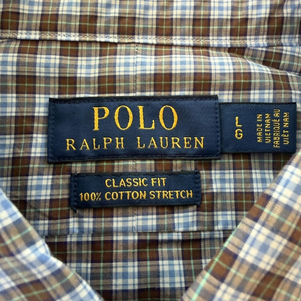 Polo Ralph Lauren Shirt Mens Large Brown Plaid Classic Fit Cotton Stretch Long - Picture 3 of 7